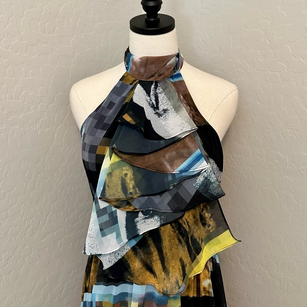 NEW JOVANI SZ 2 HALTER CHIFFON ABSTRACT PRINT HIGH SLIT FORMAL EVENING GOWN - Picture 4 of 16